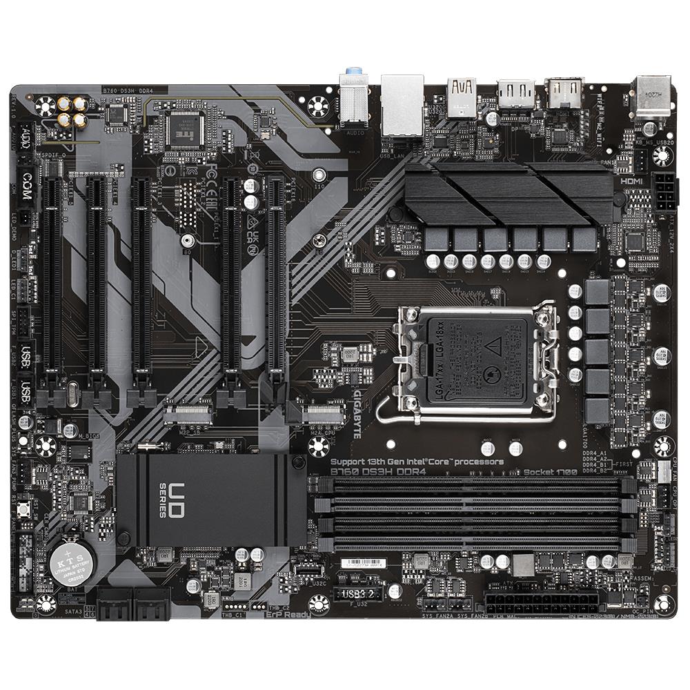 86c32819-3c4c-48f9-9d63-65ac2f4d5107 Mainboard GIGABYTE Intel B760 Express LGA1700 ATX Memory DDR4 Memory slots 4 4xPCI-Express 3.0 1x 1xPCI-Express 4.0 16x 2xM.2 1xHDMI 1xDisplayPort 4xUSB 2.0 1xUSB 3.2 1xUSB-C 1xPS/2 1xRJ45 3xAudio port B760DS3HDDR4