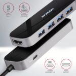 USB-C I/O HUB AXAGON HMC-6H4A, šoninis vaizdas su prijungtais įrenginiais