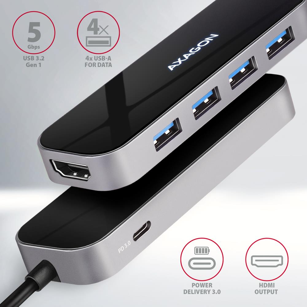 8969e1ed-8ac4-4886-8f29-768dcb9d04b6 USB-C I/O HUB AXAGON HMC-6H4A, šoninis vaizdas su prijungtais įrenginiais