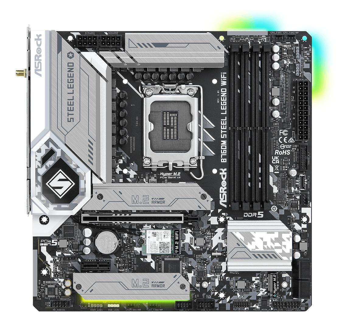 89b05cd2-3f25-441e-8ac0-56e88fe400af Mainboard ASROCK Intel B760 Express LGA1700 Micro-ATX Memory DDR5 Memory slots 4 1xPCI-Express 4.0 1x 1xPCI-Express 5.0 16x 4xM.2 1xHDMI 1xDisplayPort 2xUSB 2.0 5xUSB 3.2 1xUSB-C 1xPS/2 1xRJ45 3xAudio port B760MSTEELLEGENDWIFI