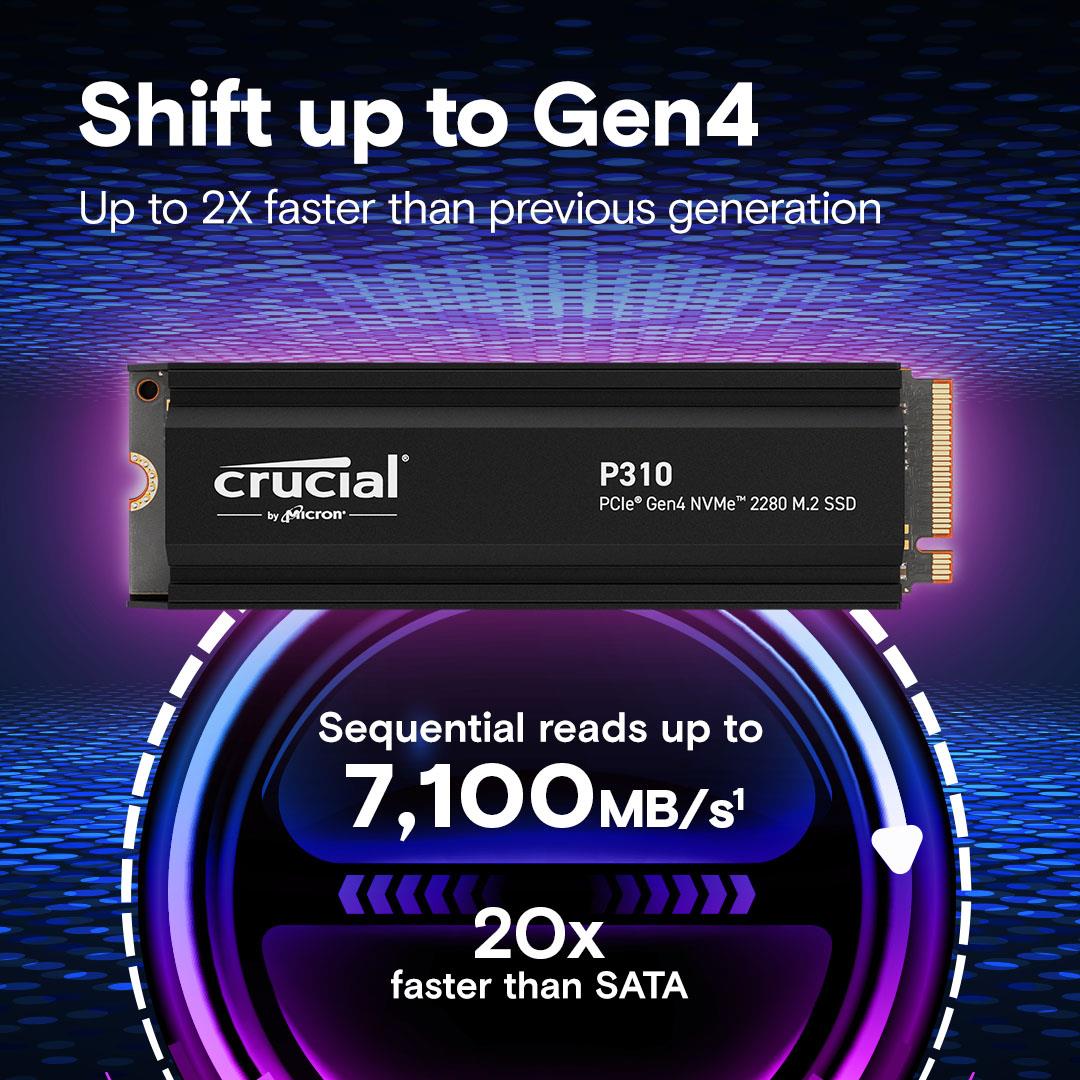 8d5dd497-7b0f-40f9-8bfc-abd2494f7230-1 SSD CRUCIAL P310 1TB M.2 PCIe Gen4 NVMe 3D NAND Write speed 6000 MBytes/sec Read speed 7100 MBytes/sec TBW 220 TB CT1000P310SSD5