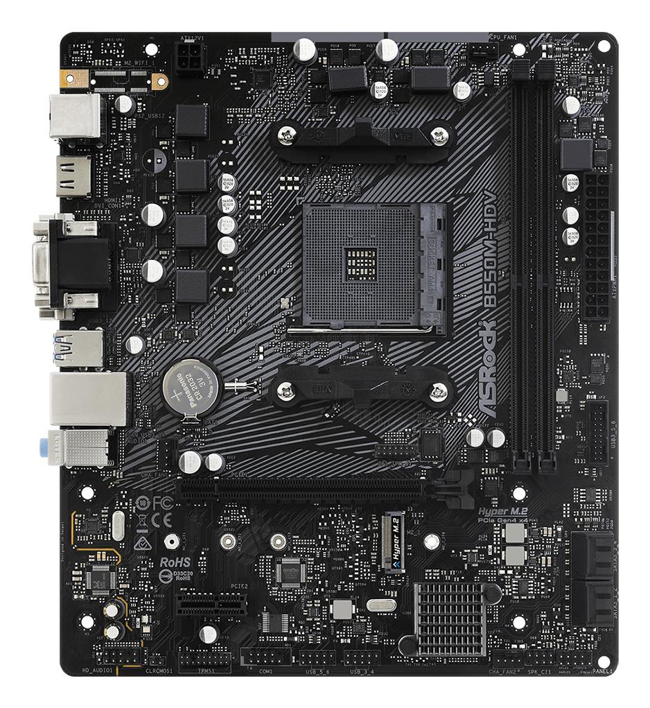 901669fc-a02e-4734-97a0-ac74cf678d37 ASROCK B550M-HDV motininė plokštė, matoma iš viršaus su prievadų išdėstymu