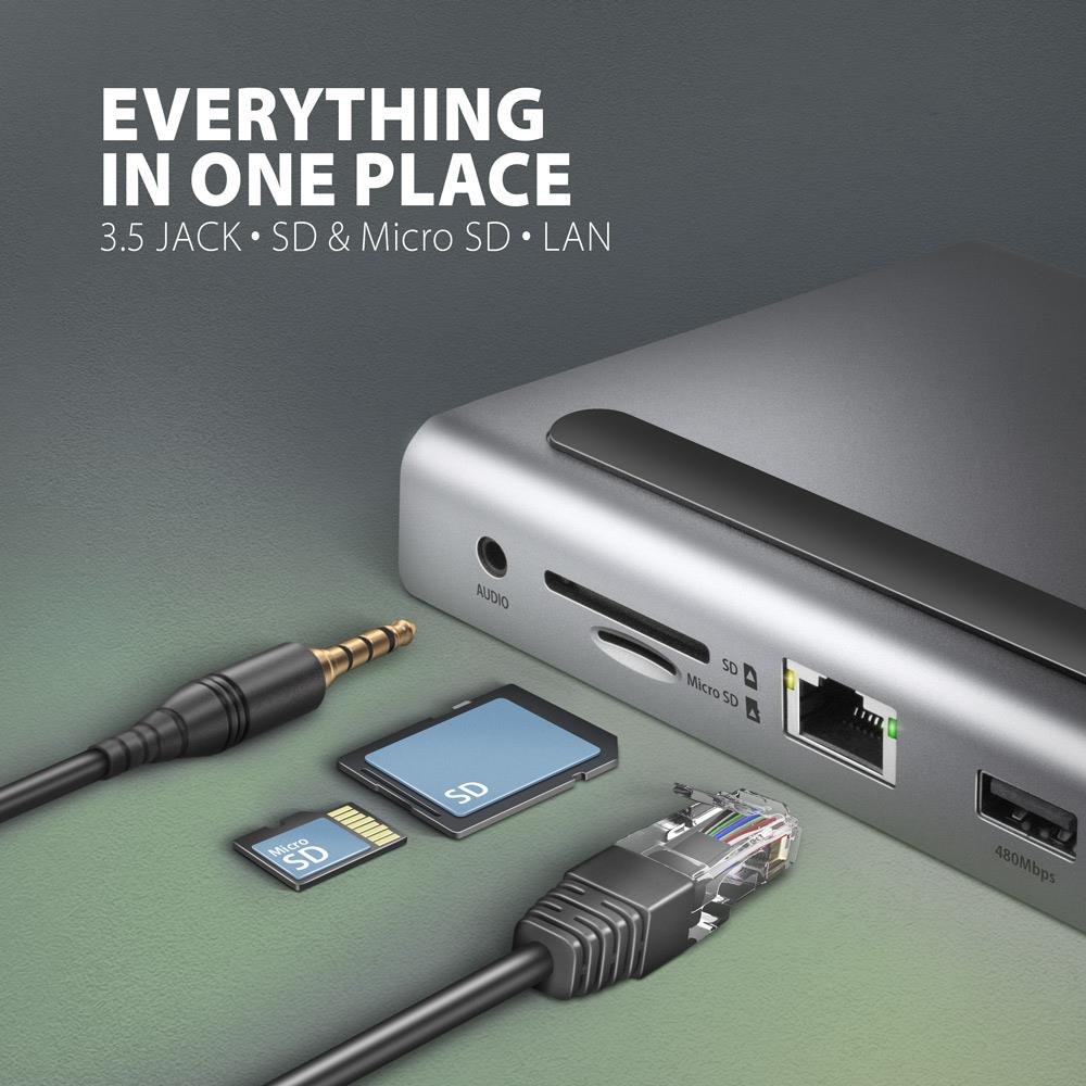 92ad23f5-0538-4906-902d-e173ce983f3c Dokų stotelė HMC-4KX3, šoninis vaizdas su HDMI ir USB-C prievadais