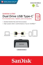 USB-C atmintukas SanDisk 128GB, šoninis vaizdas su slidžiu korpusu