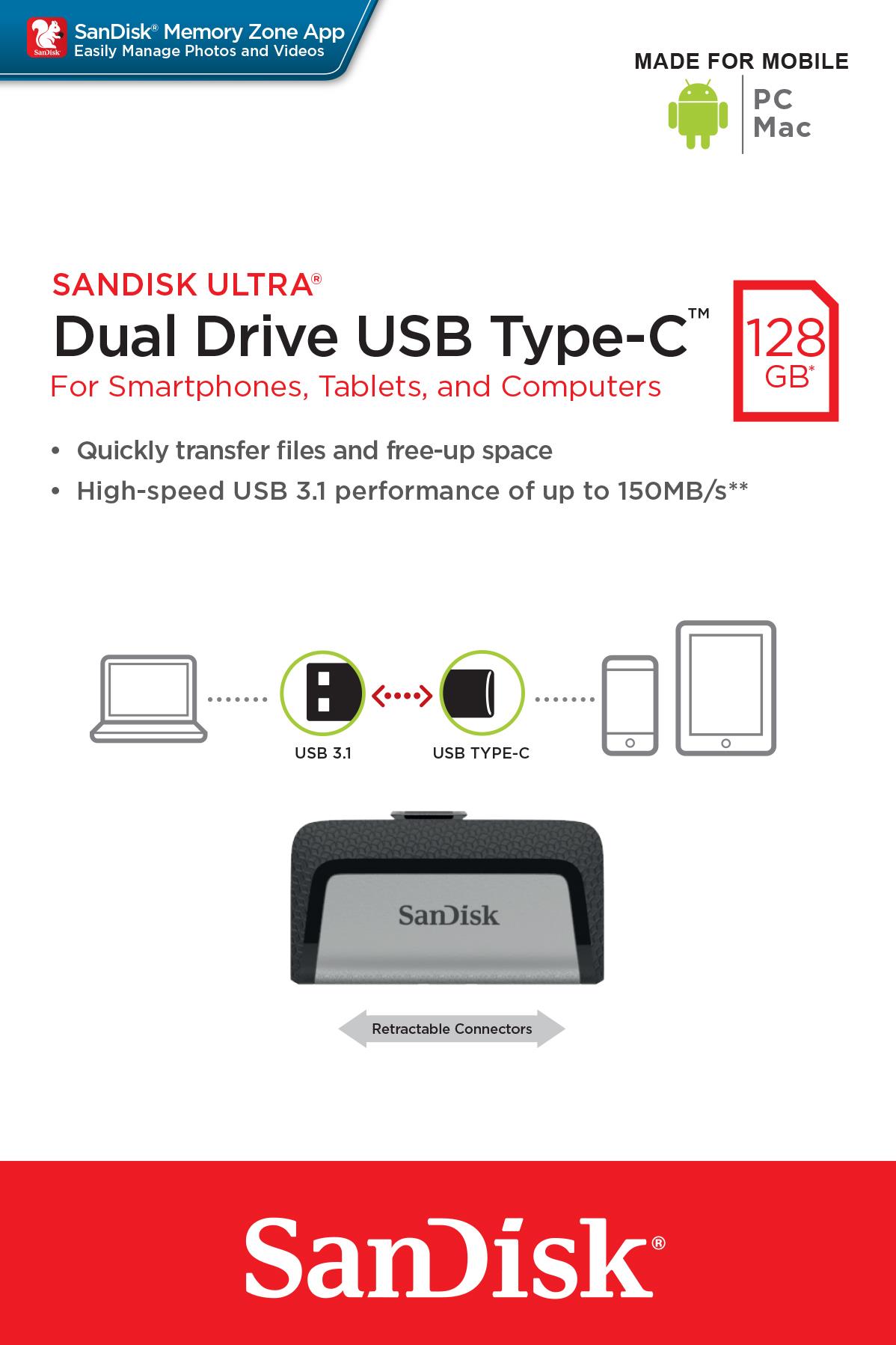 92b4e777-7582-4bd1-b608-3a84d1329d08 USB-C atmintukas SanDisk 128GB, šoninis vaizdas su slidžiu korpusu