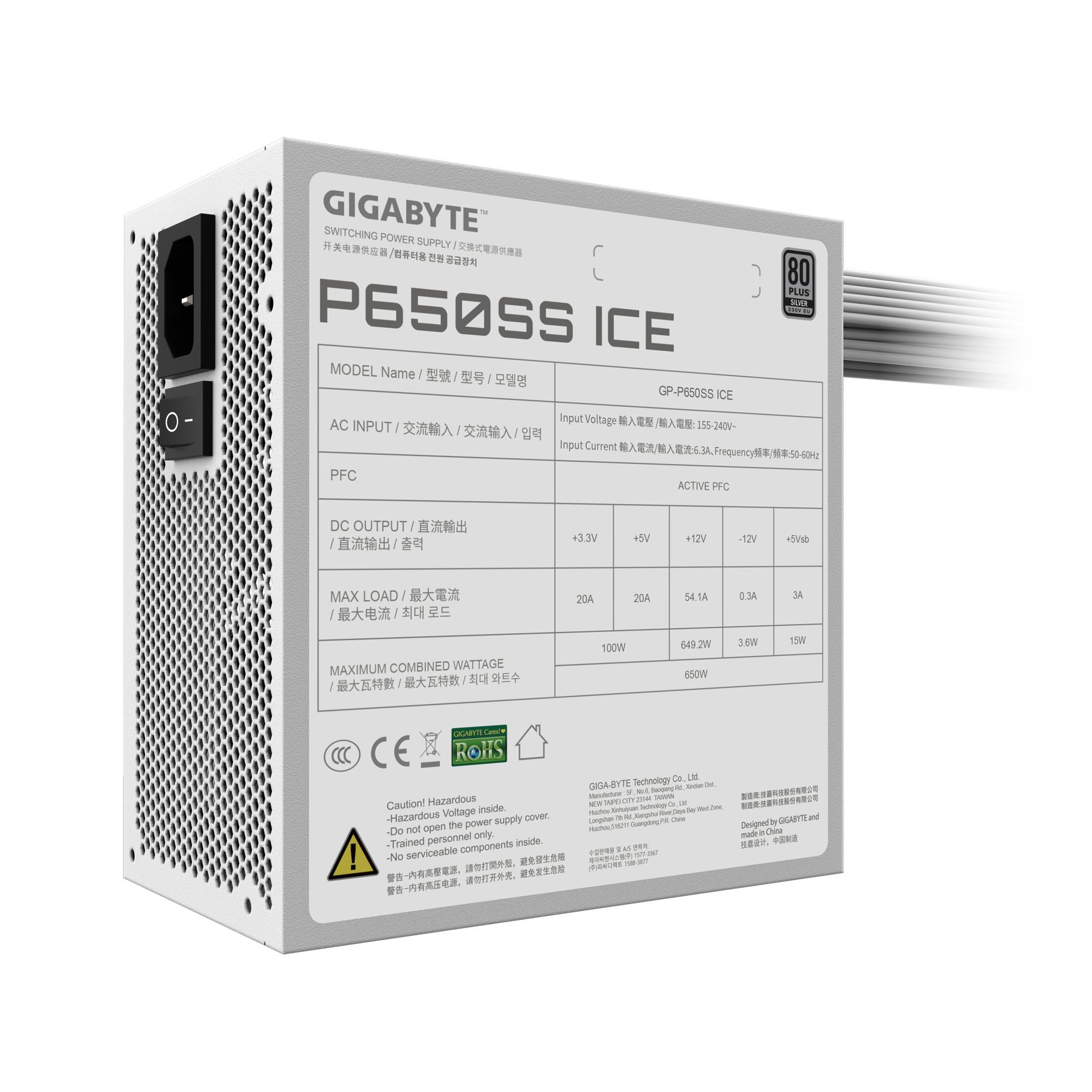 95f87217-fc1f-4a9d-accb-d72946f7acb7 Power Supply GIGABYTE GP-P650SS ICE 650 Watts Efficiency 80 PLUS SILVER PFC Active MTBF 100000 hours GP-P650SSICE