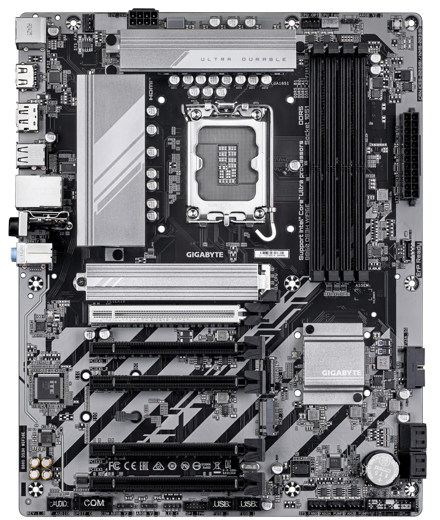 9acf9cf6-39f2-4b5f-99ec-357d524905ac Mainboard GIGABYTE Intel B860 Express LGA1851 ATX Memory DDR5 5xPCI-Express 16x 2xM.2 1xHDMI 1xDisplayPort 1xAudio-In 1xAudio-Out 1xMicrophone 1xUSB 2.0 1xUSB 3.2 1xUSB-C 1xPS/2 1xRJ45 B860DS3HWIFI6E1.0