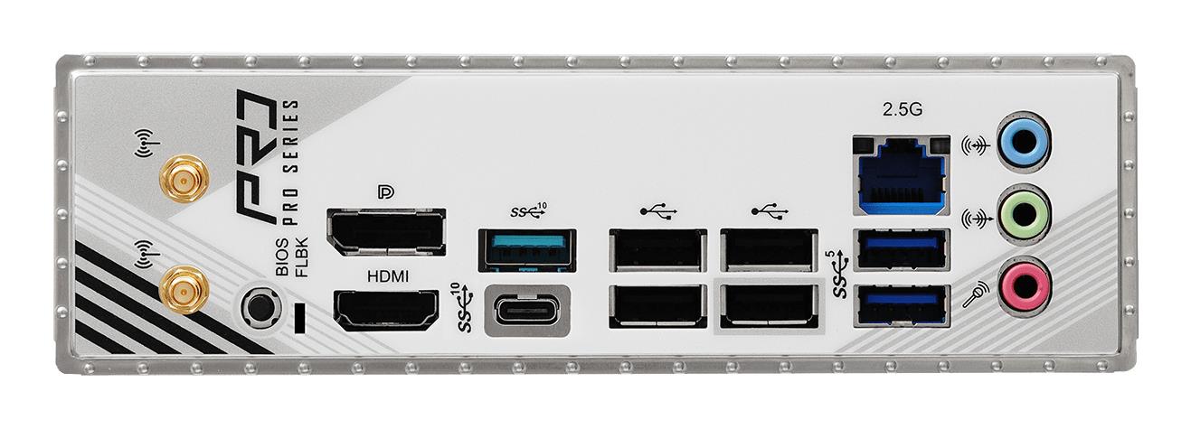 9b129b1d-9881-4711-b47d-68ff99ae0d03 Motininė plokštė ASROCK B850M PRO RS WIFI, šoninis vaizdas su prievadų išdėstymu