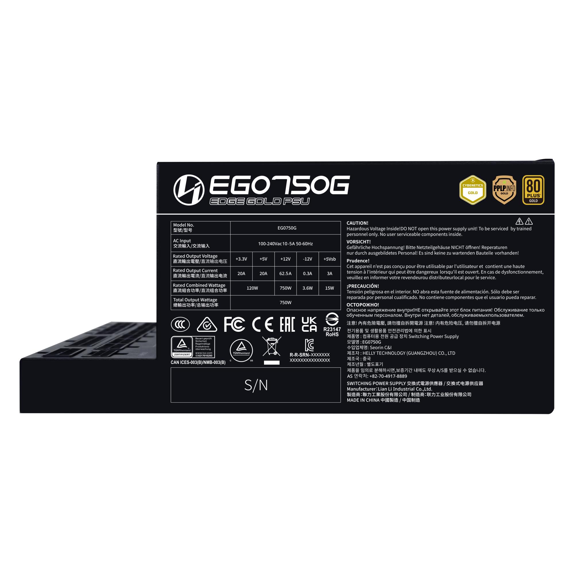 9c00093f-8b15-45be-94ca-8a2f44243017 Power Supply LIAN LI EDGE GOLD 750 750 Watts Efficiency 80 PLUS GOLD PFC Active G9P.EG0750G.B000.EU