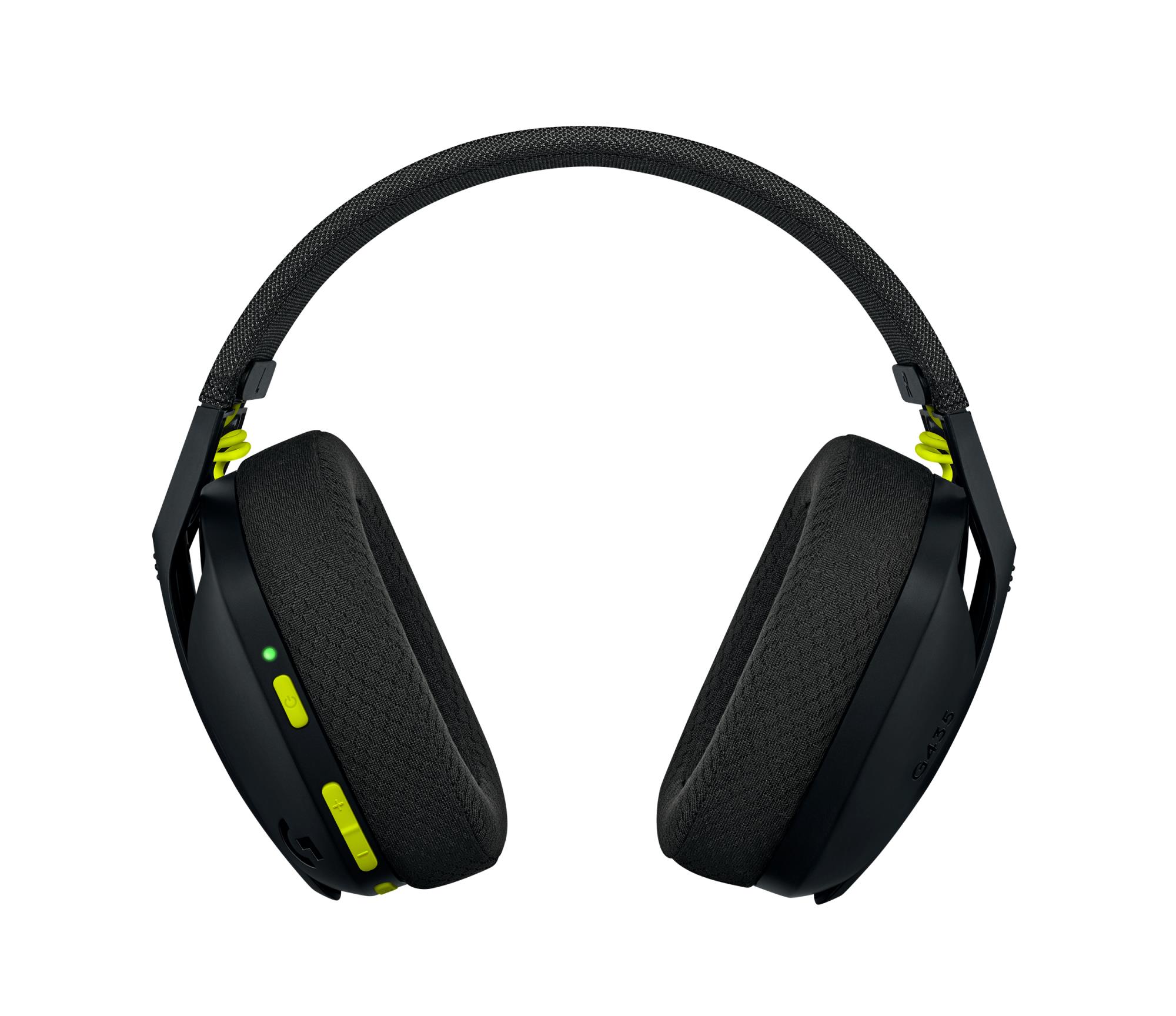 9e0cf761-041a-4977-a850-f57e586ea3cd Ausinės Logitech G435, šoninis vaizdas su juodai geltonais akcentais