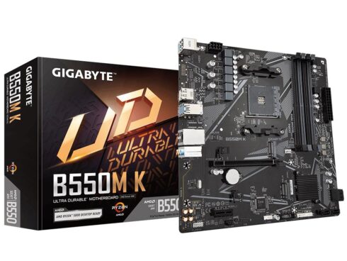 Mainboard GIGABYTE AMD B550 SAM4 Micro-ATX Memory DDR4 Memory slots 4 1xPCI-Express 3.0 1x 1xPCI-Express 4.0 16x 2xM.2 1xHDMI 1xDisplayPort 2xAudio-In 1xAudio-Out 4xUSB 2.0 4xUSB 3.2 1xPS/2 1xRJ45 B550MK1.1