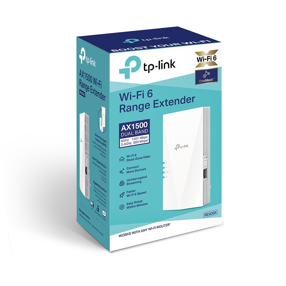 a4a45df4-2079-4df8-bd56-24328181a3c0 Wi-Fi tinklo plėtiklis TP-LINK RE500X, šoninis vaizdas su prievadų išdėstymu