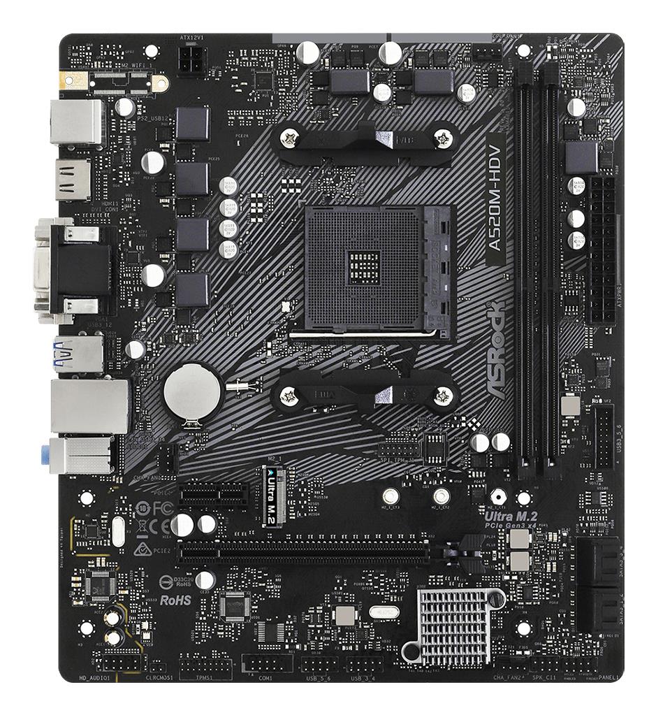 a79e8668-6310-4c5b-a55c-a9fb99893e66 Mainboard ASROCK AMD A520 SAM4 Micro-ATX Memory DDR4 Memory slots 2 1xPCI-Express 3.0 1x 1xPCI-Express 3.0 16x 1xM.2 1x15pin D-sub 1xDVI-D 1xHDMI 2xAudio-In 1xAudio-Out 2xUSB 2.0 4xUSB 3.2 1xPS/2 1xRJ45 A520M-HDV