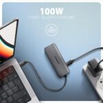 USB-C šakotuvas HMC-5H8K, matomas iš šono, rodo jungčių išdėstymą