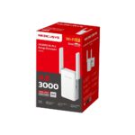 WRL RANGE EXTENDER ME80X iš šono, rodo prietaiso jungtis ir antenas