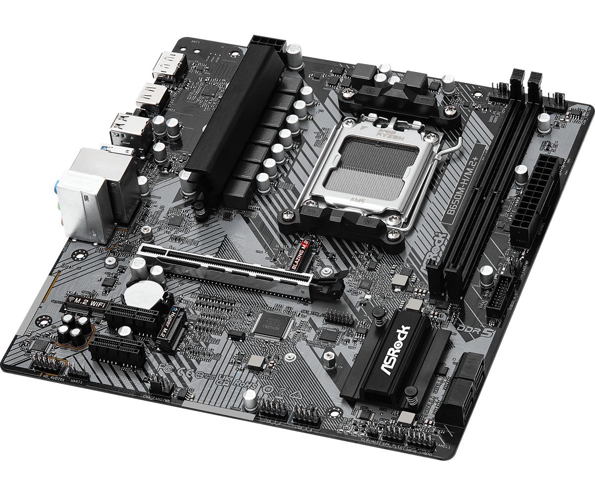 b4277ab7-c3a0-441f-ab8b-92c8d45f6ead ASROCK B650M-H/M.2+ motininė plokštė, šoninis vaizdas su prievadų išdėstymu