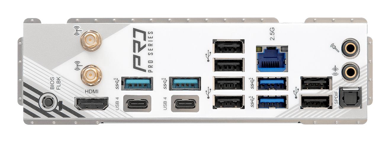 b71021ca-efc9-42cb-a751-790852362162 Motininė plokštė ASROCK X870 PRORSWIFI, šoninis vaizdas su prievadų išdėstymu
