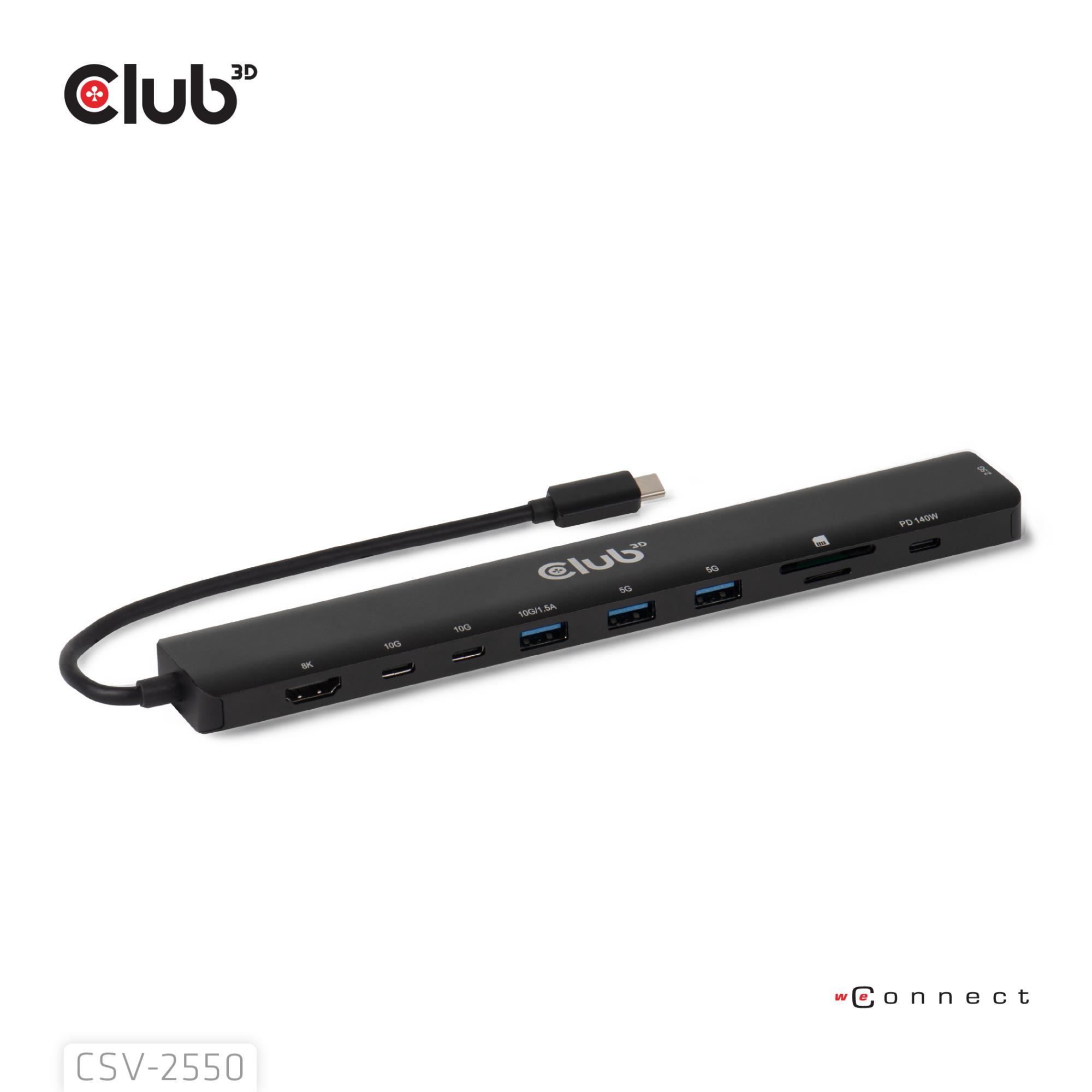 ba89296f-a3f8-4797-97be-5b85a23b2589 USB-C doko stotelė Club 3D CSV-2550, šoninis vaizdas su jungčių išdėstymu