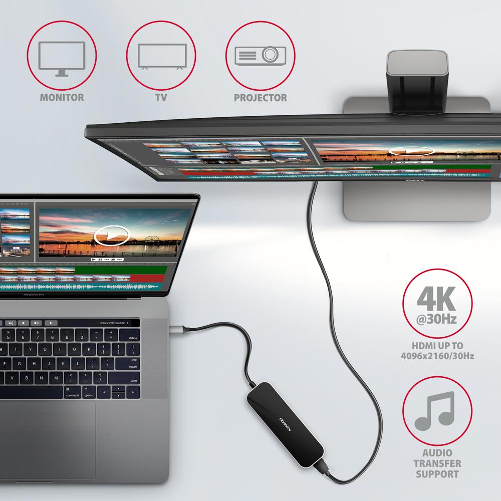 bc0bf768-d25c-4b20-b9a5-d3f1c5215a5a USB-C 6IN1 HMC-6H4A adapteris, matomas iš šono su prijungtais įrenginiais