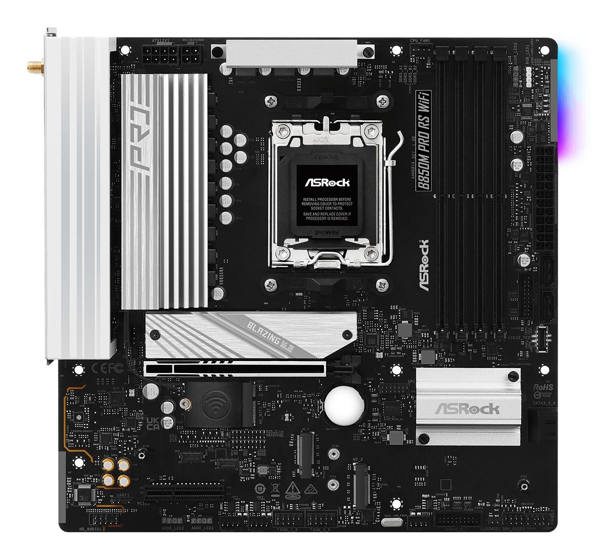 bc58cb33-be0d-4b29-b5f5-fe037a64f3f5 Motininė plokštė ASROCK B850M PRO RS WIFI, viršutinė perspektyva su jungtimis