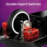 Pelė HyperX Pulsefire Haste 2, balta, iš arti, rodo mygtukus ir ratuką