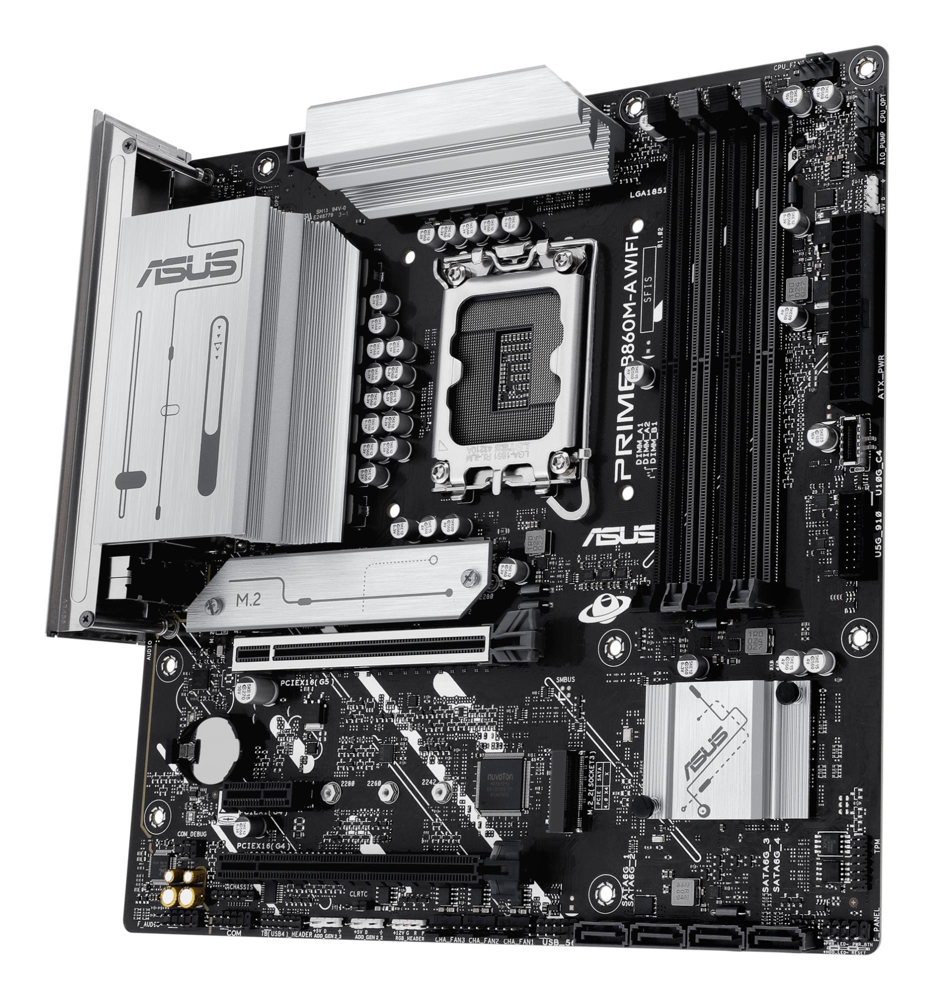 bd274893-ec81-4805-a9e2-3d412a46bc20 Mainboard ASUS Intel B860 Express LGA1851 Micro-ATX Memory DDR5 Memory slots 4 1xPCI-Express 4.0 1x 1xPCI-Express 4.0 16x 1xPCI-Express 5.0 16x 2xM.2 1xHDMI 1xDisplayPort 7xUSB 2.0 1xUSB-C 1xUSB-C w/Thunderbolt 1xOptical S/PDIF 1xRJ45 3xAudio port PRIMEB860M-AWIFI