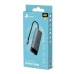 Adapterio TP-LINK I/O HUB USB-C 5PORT/UH5020C apžvalga iš šono, rodo jungčių išdėstymą