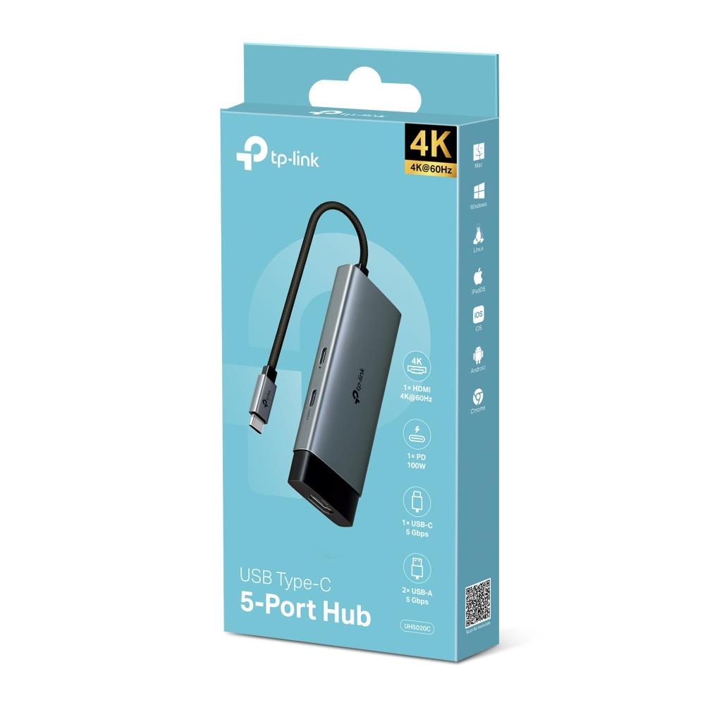 bf92e5d2-2b1c-45a6-9d84-ad99d1ab7869 Adapterio TP-LINK I/O HUB USB-C 5PORT/UH5020C apžvalga iš šono, rodo jungčių išdėstymą