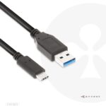 USB-C į USB3.1 kabelis, matomas iš šono, rodo jungtis ir ilgį