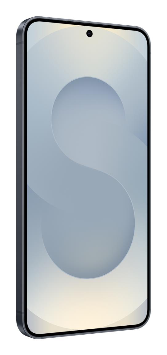 c242fa1e-d9b6-4f99-8735-f7ca2bb95960 Galaxy S25 mobilusis telefonas, matomas iš šono su ekranu įjungtu