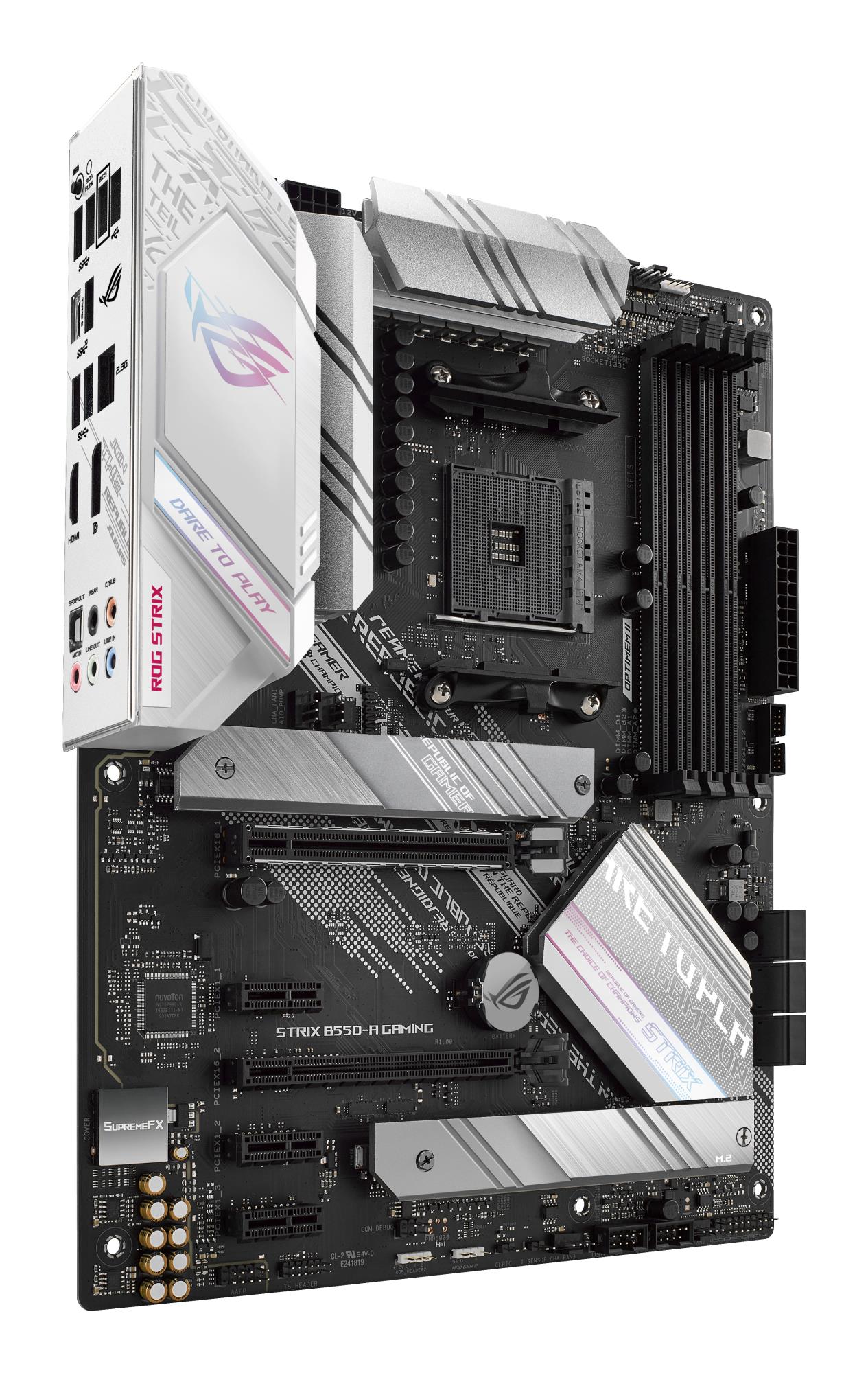 c3f39470-48df-48ed-82d9-d8d85a368455 Mainboard ASUS AMD B550 SAM4 ATX 3xPCI-Express 3.0 1x 1xPCI-Express 3.0 4x 1xPCI-Express 4.0 16x 2xM.2 Memory DDR4 Memory slots 4 1xHDMI 1xDisplayPort 2xAudio-In 3xAudio-Out 2xUSB 2.0 1xUSB type C 5xUSB 3.2 1xOptical S/PDIF 1xRJ45 ROGSTRIXB550-AGAMING