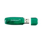 Atmintinė su žaliu korpusu, matoma iš šono, rodo USB jungtį