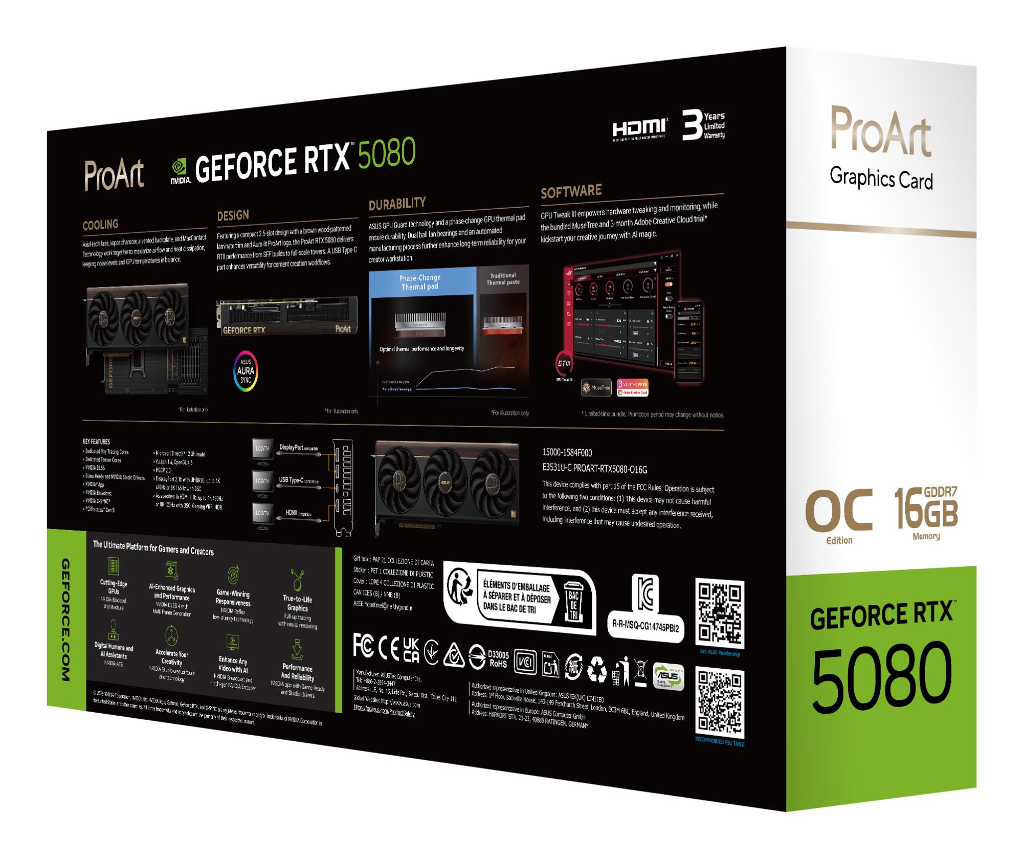 cb15da55-411c-40ae-b7b9-17c17ddba694 Graphics Card ASUS NVIDIA GeForce RTX 5080 16 GB GDDR7 256 bit PCI Express 5.0 Active PROART-RTX5080-O16G