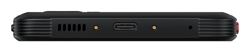 ce2c1ad2-4051-4327-b07f-f1e957fe8752 Galaxy XCover 6 Pro, juodas, matomas iš šono su ekrano detalėmis