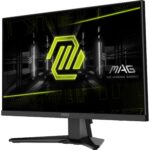 Monitorius MSI MAG 244F, matomas iš šono, rodo VESA tvirtinimo taškus