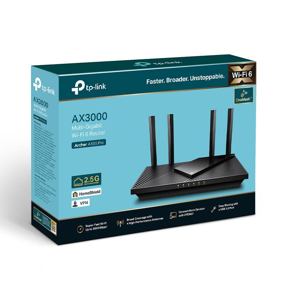 d330a00a-cea7-4f25-ae42-e814b9b1f032 Wireless Router TP-LINK Wireless Router 3000 Mbps Wi-Fi 6 IEEE 802.11a IEEE 802.11 b/g IEEE 802.11n IEEE 802.11ac IEEE 802.11ax USB 3.0 3x10/100/1000M 1x2.5GbE LAN WAN ports 1 Number of antennas 4 ARCHERAX55PRO