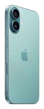 Apple iPhone 16 128GB Teal, matomas iš šono su ekrano ir kamerų detalėmis