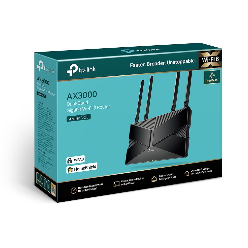 d80c610c-5265-4f7b-9f4c-6d1828d9423e Wireless Router TP-LINK Wireless Router 3000 Mbps Mesh Wi-Fi 6 IEEE 802.11a IEEE 802.11 b/g IEEE 802.11n IEEE 802.11ac IEEE 802.11ax 1 WAN 4x10/100/1000M Number of antennas 4 ARCHERAX53