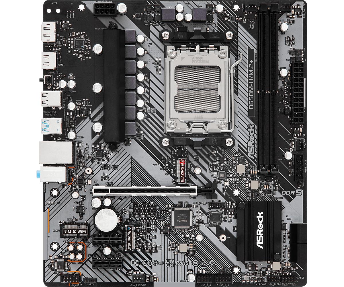d9af7cc4-cc4a-4fd9-b791-866114fc1268 ASROCK B650M-H/M.2+ motininė plokštė, viršutinė perspektyva su jungtimis