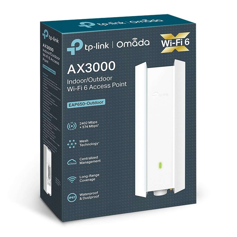 ddf62f02-7973-496f-984c-95af7b267f52 TP-LINK Omada EAP650-OUTDOOR, matomas iš šono, rodo prievadų išdėstymą