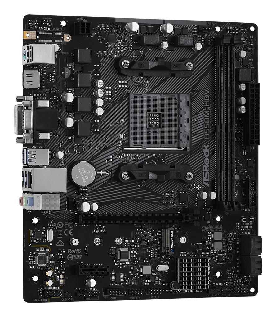 df9de847-e120-4c8f-b587-3d23b3b594dd ASROCK B550M-HDV motininė plokštė, šoninis vaizdas su prievadų išdėstymu