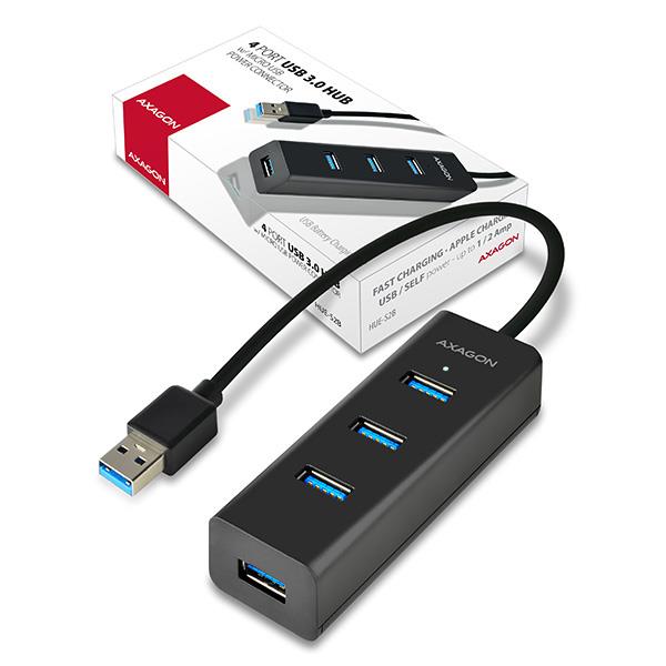 e147a363-7796-454e-86ff-6b4cd86fc587 USB 3.0 hub'as AXAGON HUE-S2B, matomas iš viršaus su prijungtais laidais
