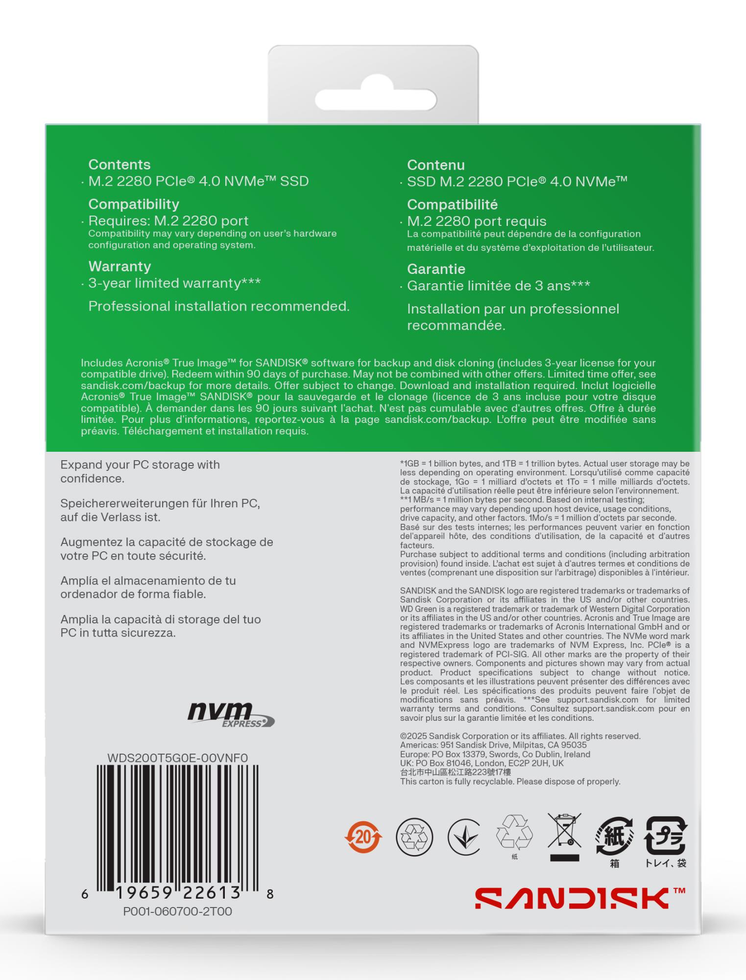 e1bc27d4-23db-40c1-ac3a-b7db06243a5f SSD WESTERN DIGITAL Green 2TB M.2 PCIe Gen4 NVMe Write speed 4200 MBytes/sec Read speed 5000 MBytes/sec 2.3mm TBW 250 TB WDS200T4G0E