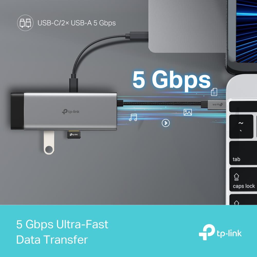 e62a5bb1-2e82-4b8d-8242-9e10d9176971 Adapterio I/O HUB USB-C 5PORT/UH5020C priekis su jungčių išdėstymu