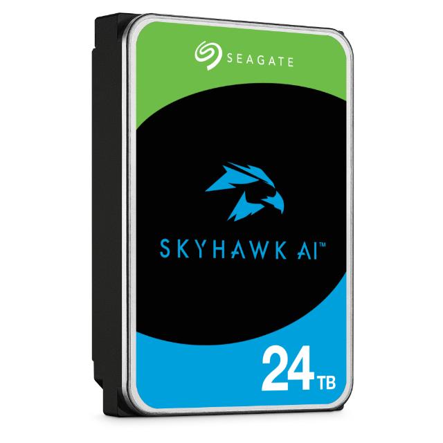 e75de45c-a2d0-4a4b-b066-595f47d3c794 HDD SEAGATE SkyHawk AI 24TB, šoninis vaizdas su jungtimis ir etiketėmis