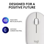 Pelės Logitech M350S balta, iš arti matomas optinis jutiklis ir mygtukai
