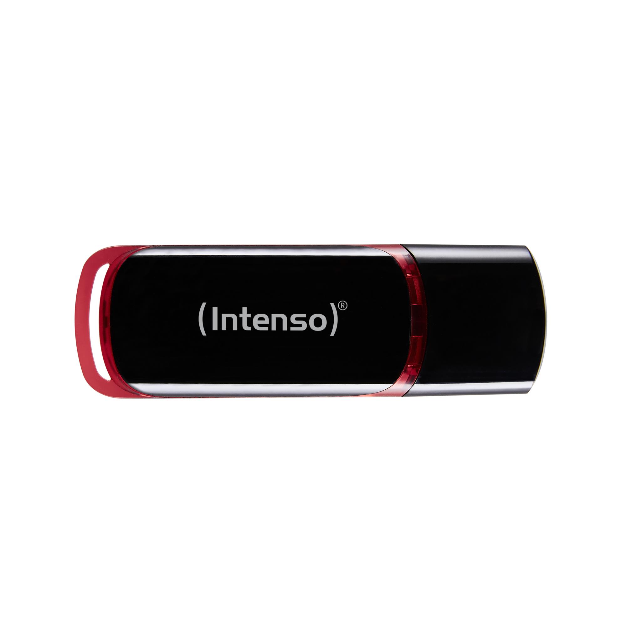 eb72a9d4-0722-4b15-a5c8-5045e21a1e17 USB atmintinė Intenso 32GB su juodu ir raudonu korpusu, šoninis vaizdas
