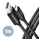 USB-C į USB 3.2 kabelis, juodas, artimas vaizdas su detalėmis