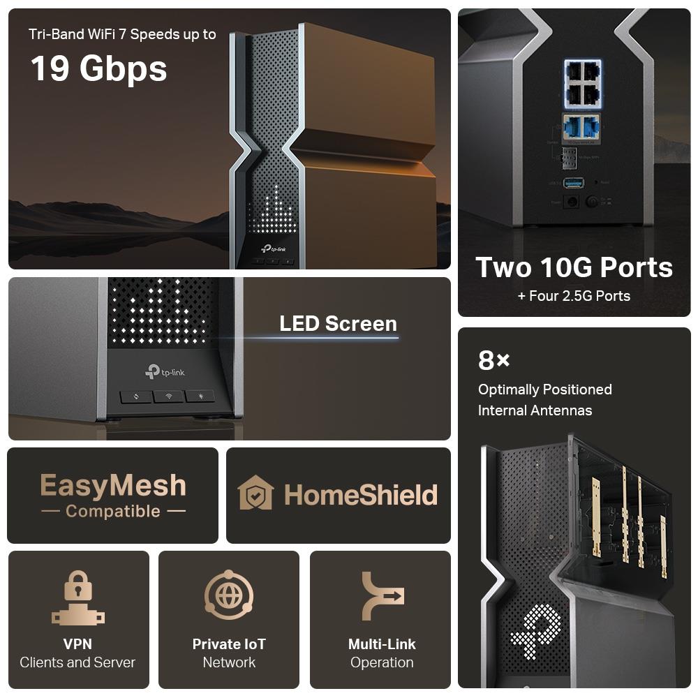 ee1b996b-ccf1-439e-a2ef-bb2e13361a97 Wireless Router TP-LINK Wireless Router 19000 Mbps Mesh Wi-Fi 7 USB 3.0 4x2.5GbE 2x10GbE LAN WAN ports 2 Number of antennas 8 ARCHERBE800