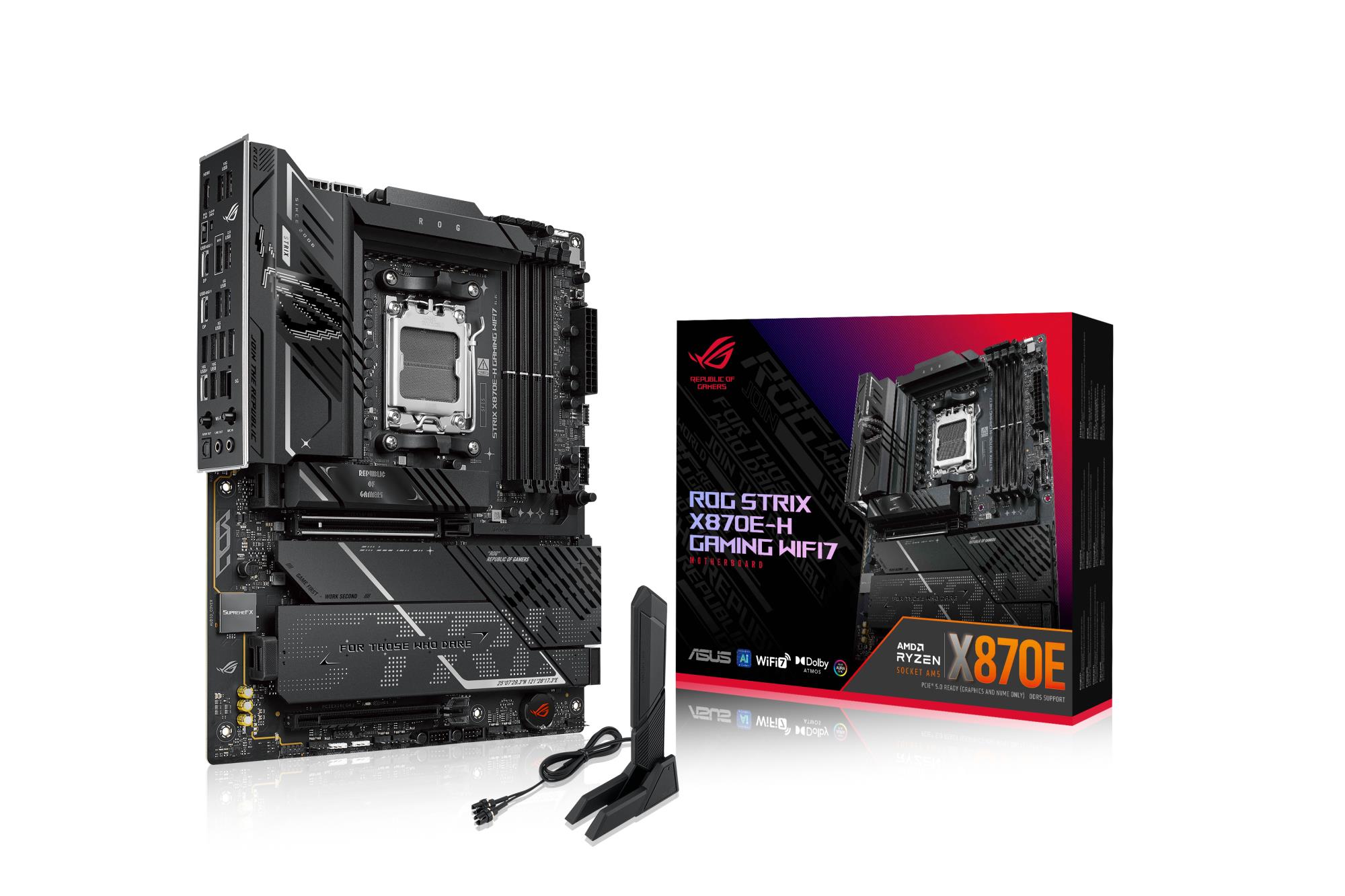 f1ad3e9c-861e-42cb-9601-6770f75a0f3c-1 ASUS ROG STRIX X870E-H motininė plokštė, viršutinė perspektyva su DDR5 atminties lizdais